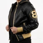 8 Ball David Puddy Inspired Black & Golden Bomber Real Leather Jacket with Hood Collar for Women's