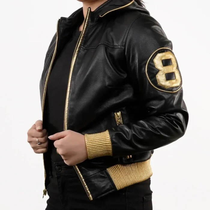 8 Ball David Puddy Inspired Black & Golden Bomber Real Leather Jacket with Hood Collar for Women's