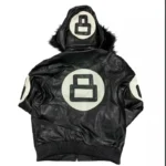 8 Ball David Puddy Men's Black Bomber Leather Jacket with Fur Hood