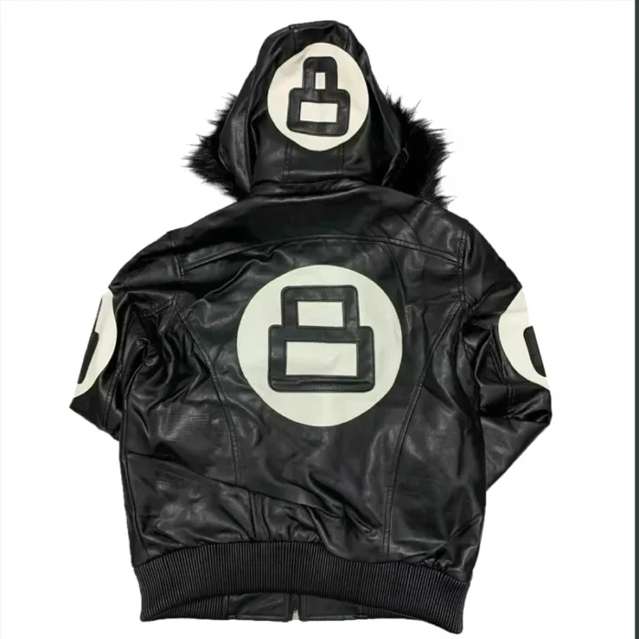 8 Ball David Puddy Men's Black Bomber Leather Jacket with Fur Hood