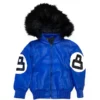 8 Ball Kid's Color-Blocked Blue and Black Bomber Detachable Fur-lined Hood Real Leather Jacket