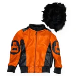 8 Ball Kid's Color-Blocked Orange and Black Bomber Detachable Fur-lined Hood Leather Jacket