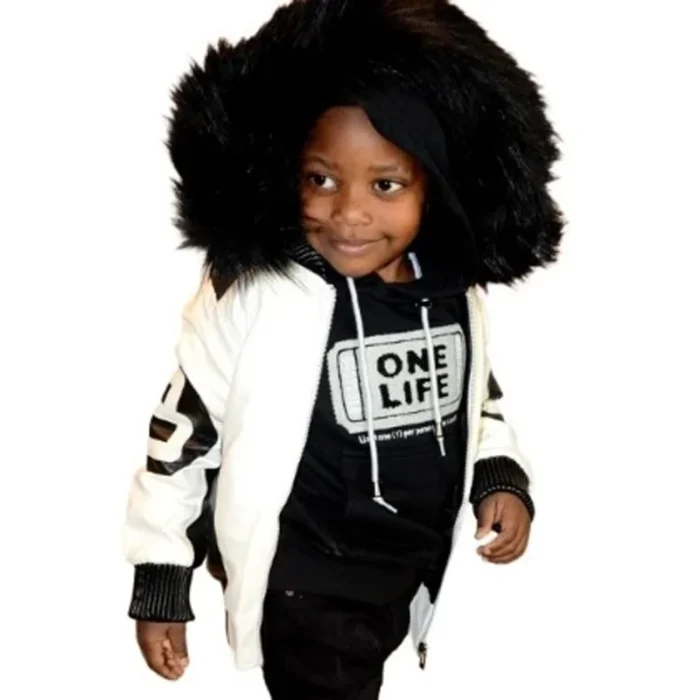 8 Ball Kid's Color-Blocked White Bomber Detachable Fur Hood Real Leather Jacket