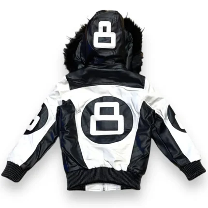 8 Ball Kid's Color-Blocked White and Black Bomber Detachable Fur-lined Hood Leather Jacket