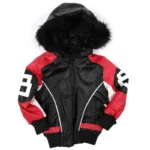 8 Ball Kid's Robert Phillipe Black Bomber with Red Stripes Fur Hooded Leather Jacket