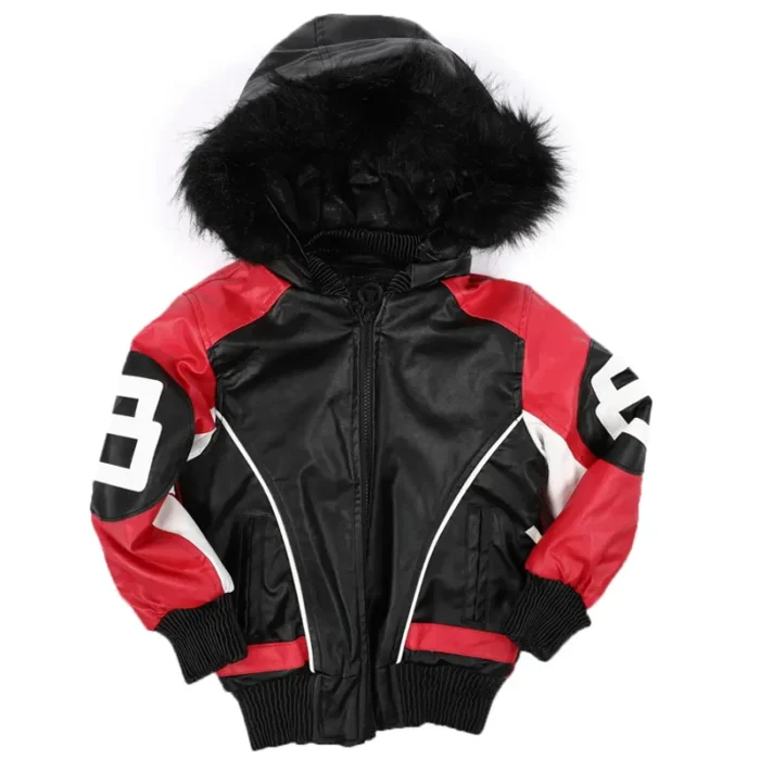 8 Ball Kid's Robert Phillipe Black Bomber with Red Stripes Fur Hooded Leather Jacket