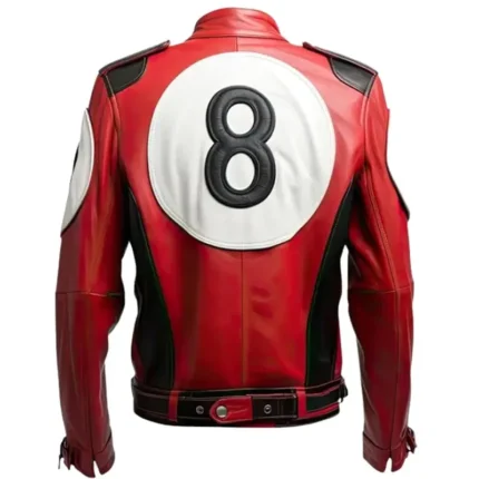 8 Ball Men's Billiard Cue Red & White Bomber Real Leather Jacket