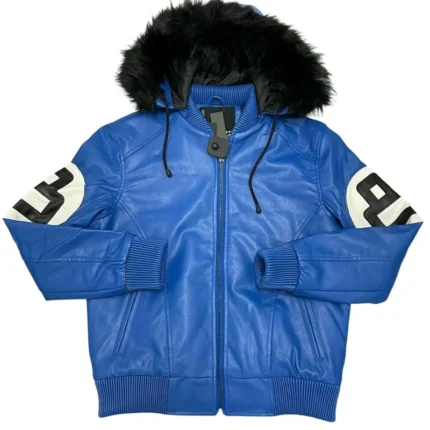 8 Ball Men's Blue Bomber Leather Jacket with Fur Hood