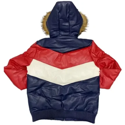 8 Ball Men's Fur Hooded Blue & Red Sheepskin Leather Jacket