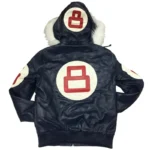 8 Ball Men's Navy Blue Bomber Leather Jacket with Fur Hood