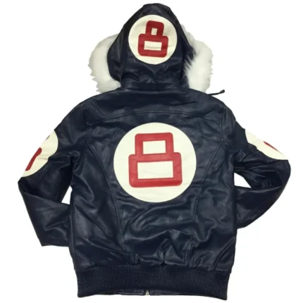 8 Ball Men's Navy Blue Bomber Leather Jacket with Fur Hood