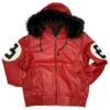 8 Ball Men's Red Bomber Leather Jacket with Fur Hood