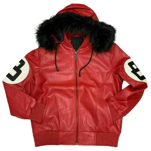 8 Ball Men's Red Bomber Leather Jacket with Fur Hood