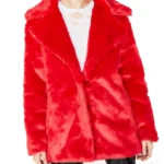 8 Ball Red Fluffy Logo Print Racked Up Faux Fur Jacket For Women's