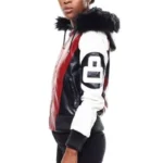 8 Ball Robert Phillipe Women's Red & Black Bomber Leather Jacket with Fur Hood