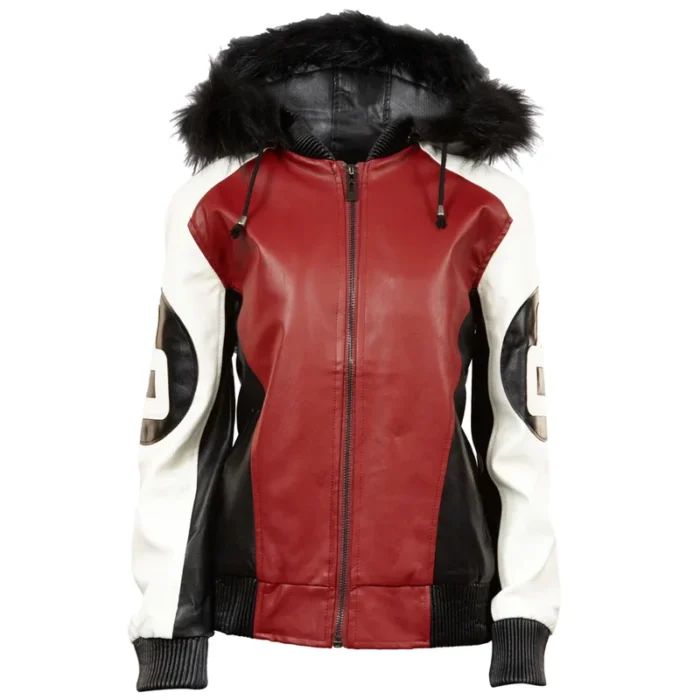 8 Ball Robert Phillipe Women's Tri Color Bomber Leather Jacket with Fur Hood - Copy