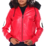 8 Ball Women's Red Bomber Leather Jacket with Fur Hood