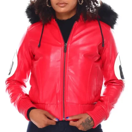 8 Ball Women's Red Bomber Leather Jacket with Fur Hood