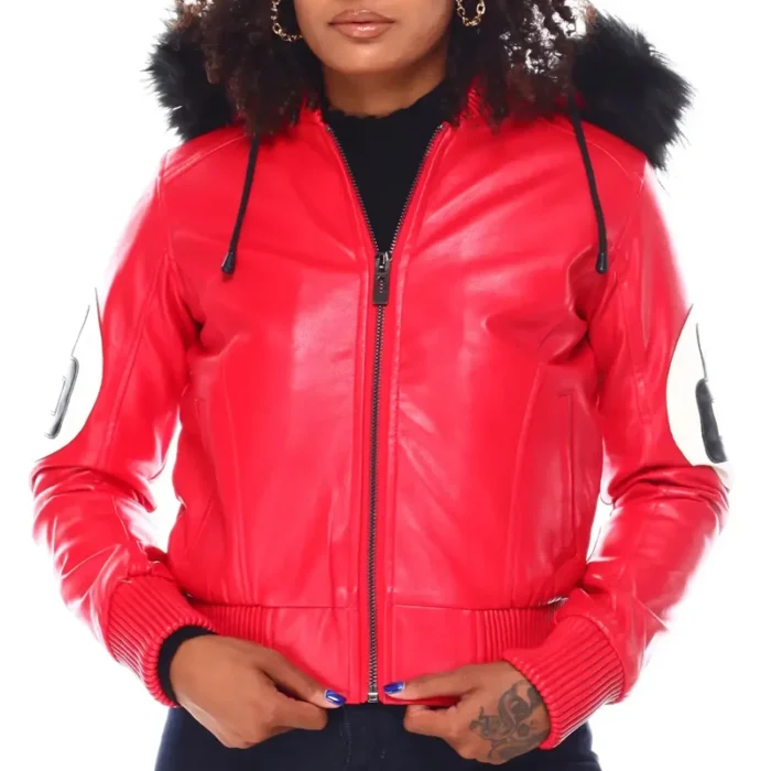 8 Ball Women's Red Bomber Leather Jacket with Fur Hood