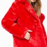 8 Ball Women's Red Fluffy Logo Print Racked Up Faux Fur Jacket