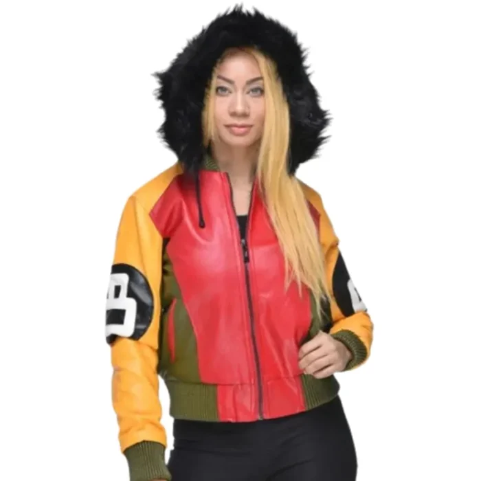 8 Ball Women’s Red & Yellow Fur Hooded Genuine Leather Jacket