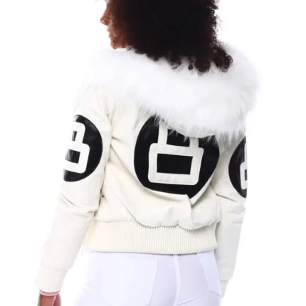 8 Ball Women's White Bomber Leather Jacket with Fur Hood