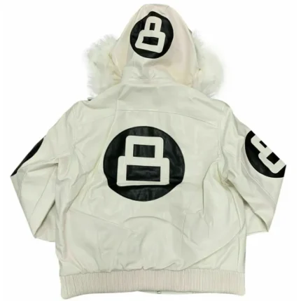 8 Ball Women's White Bomber Leather Jacket with Fur Hood