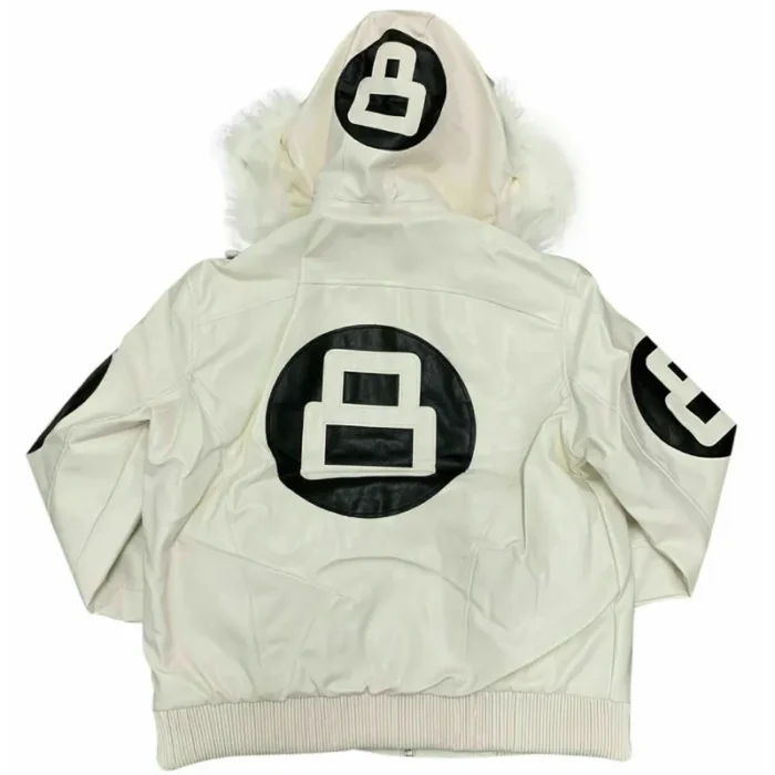 8 Ball Women's White Bomber Leather Jacket with Fur Hood