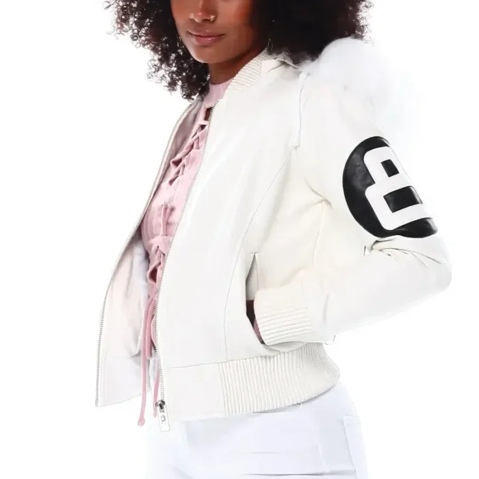 8 Ball Women's White Bomber Real Leather Jacket with Fur Hood