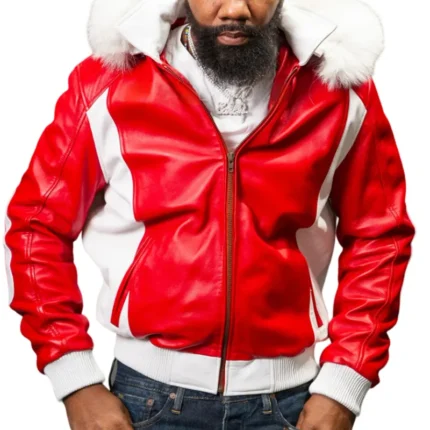 90s Men's 8 Ball Red & White Fox Fur Hood Real Leather Jacket