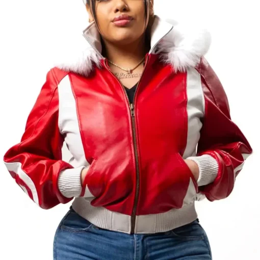 90s Women's Eight Ball Red & White Fox Fur Hood Leather Jacket