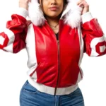 90s Women's Eight Ball Red & White Fox Fur Hood Real Leather Jacket