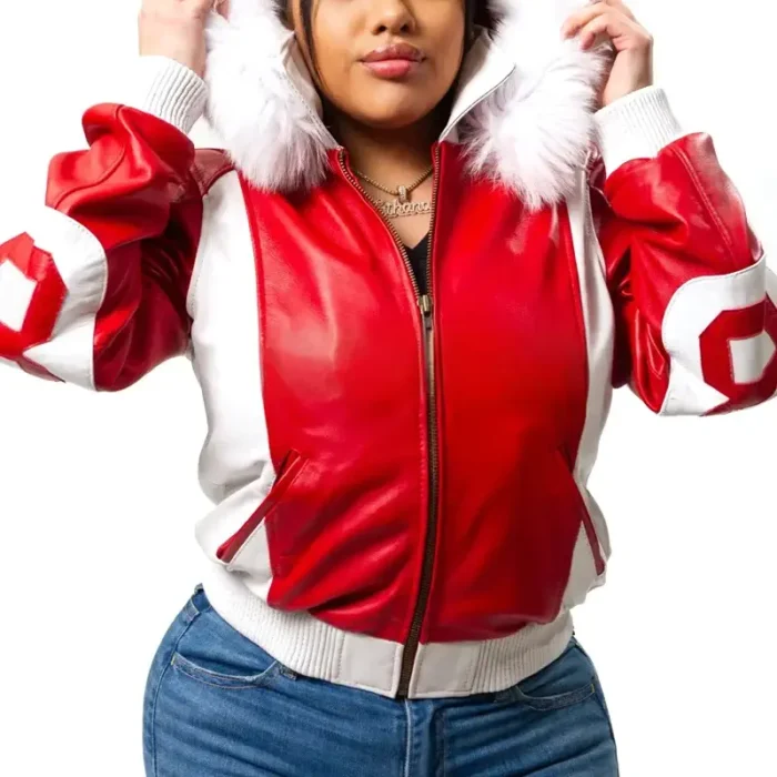 90s Women's Eight Ball Red & White Fox Fur Hood Real Leather Jacket