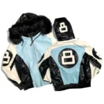 Blue & Cream Men's 8 Ball Color Block Hooded Bomber Leather Jacket