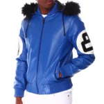 Blue Men's 8 Ball Color Block Hooded Bomber Full Grain Leather Jacket