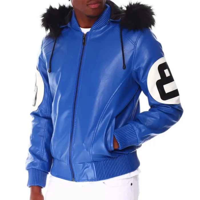 Blue Men's 8 Ball Color Block Hooded Bomber Full Grain Leather Jacket