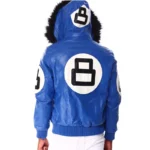Blue Men's 8 Ball Color Block Hooded Bomber Leather Jacket