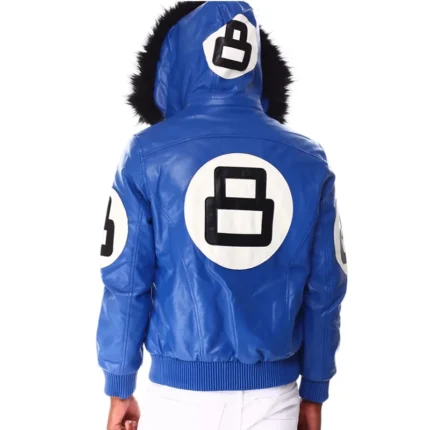 Blue Men's 8 Ball Color Block Hooded Bomber Leather Jacket