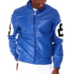 Blue Men's 8 Ball Color Block Hooded Bomber Top Grain Leather Jacket