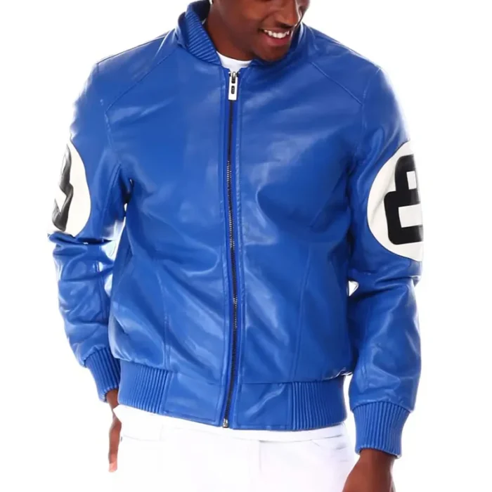 Blue Men's 8 Ball Color Block Hooded Bomber Top Grain Leather Jacket