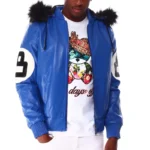 Blue Men's Eight Ball Hooded Bomber Real Leather Jacket