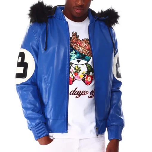 Blue Men's Eight Ball Hooded Bomber Real Leather Jacket