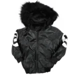 Classic 8 Ball Kid's Faux Fur Trim Hood Black Real Leather Jacket