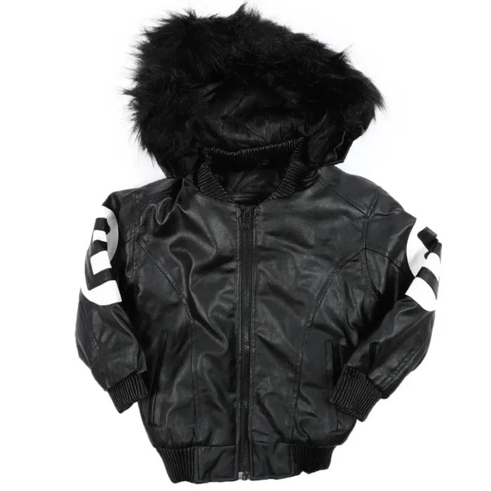 Classic 8 Ball Kid's Faux Fur Trim Hood Black Real Leather Jacket