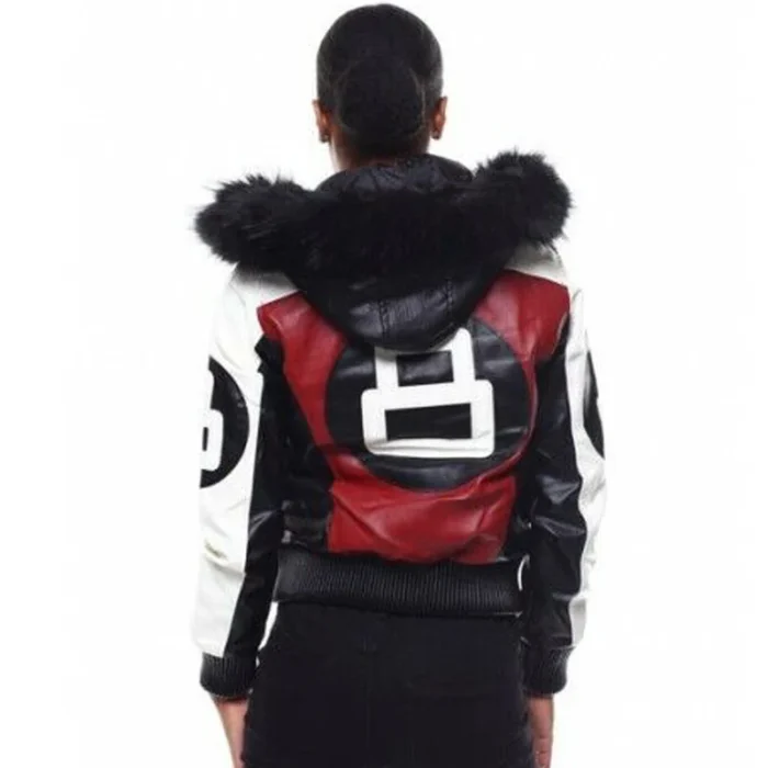 Classic Eight Ball Robert Phillipe Women's Red Bomber Fur Hooded Real Leather Jacket