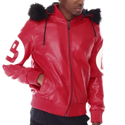 Classic Red Men's 8 Ball Color Block Hooded Bomber Leather Jacket