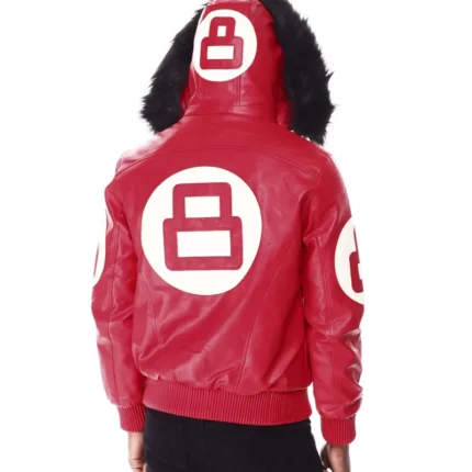 Classic Red Men's 8 Ball Color Block Hooded Bomber Top Grain Leather Jacket