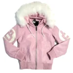 Eight Ball Kid's Baby Pink Bomber Fur Hooded Real Leather Jacket