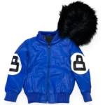 Eight Ball Kid's Color-Blocked Blue Bomber Detachable Fur Hood Leather Jacket