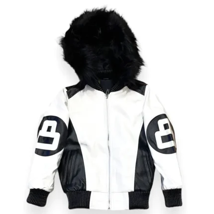 Eight Ball Kid's Color-Blocked White Bomber Detachable Fur Hood Leather Jacket